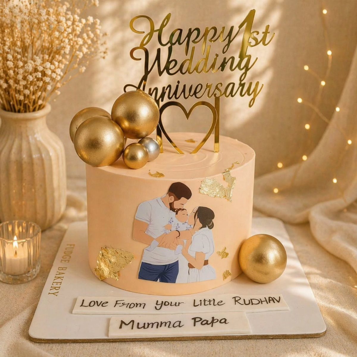 Peach anniversary cake with an edible couple illustration and gold anniversary topper.