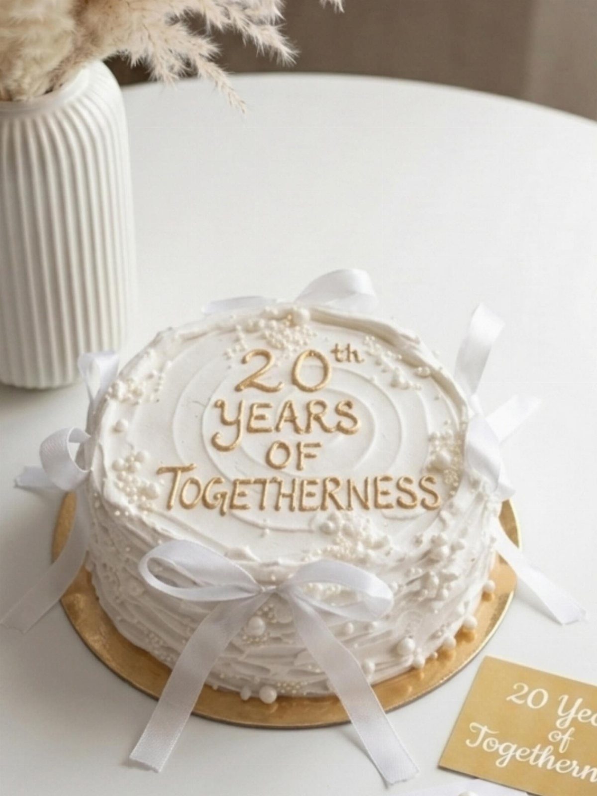 White anniversary cake with gold lettering and ribbons on a white table