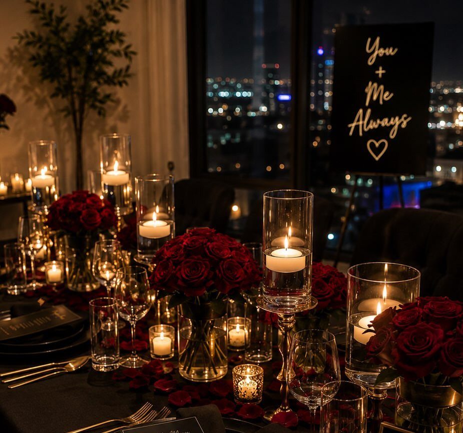 Romantic dinner table with red roses and glowing candles overlooking a city skyline