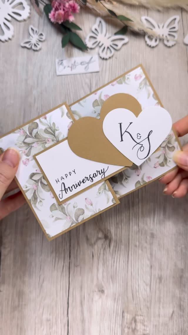 32 Anniversary Card Ideas to Make at Home (Photos Inside) 4 Anniversary card with popping gold and white hearts featuring initials K and S.