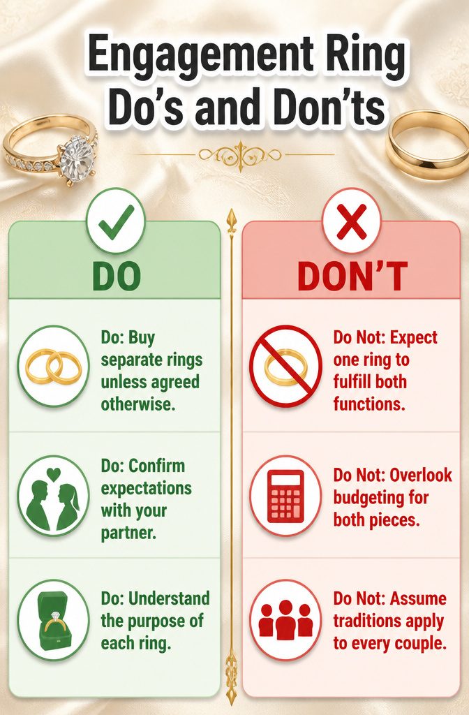 An infographic illustrating engagement ring do's and don'ts.