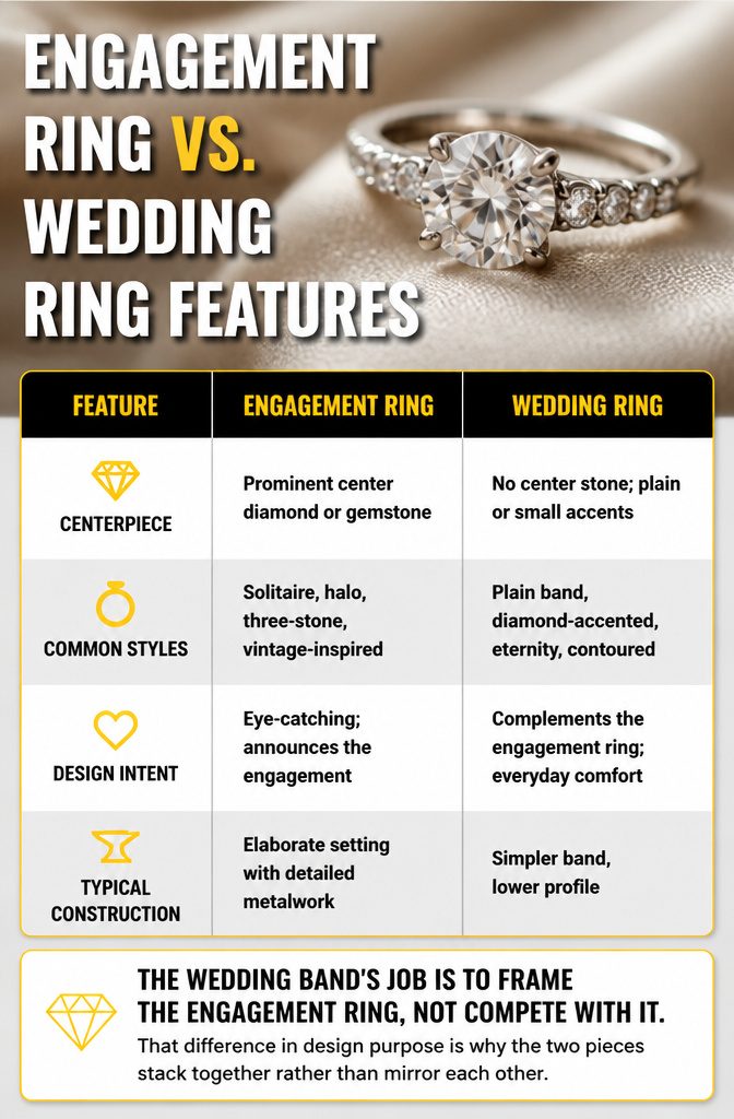 A comparison image showing an engagement ring and a wedding band.