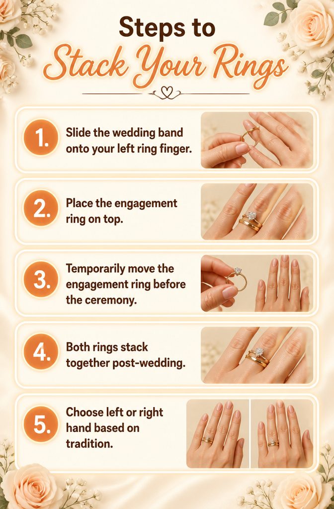 Steps to stack wedding and engagement rings on a finger.