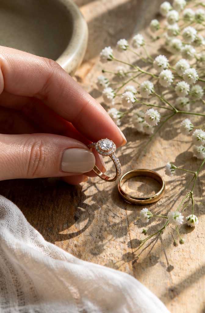 A close-up of an engagement ring next to a simple wedding band.