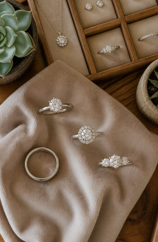 Different styles of engagement rings displayed together.