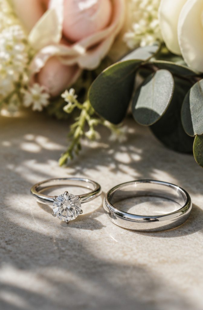 A close-up of a diamond engagement ring and a plain wedding band.
