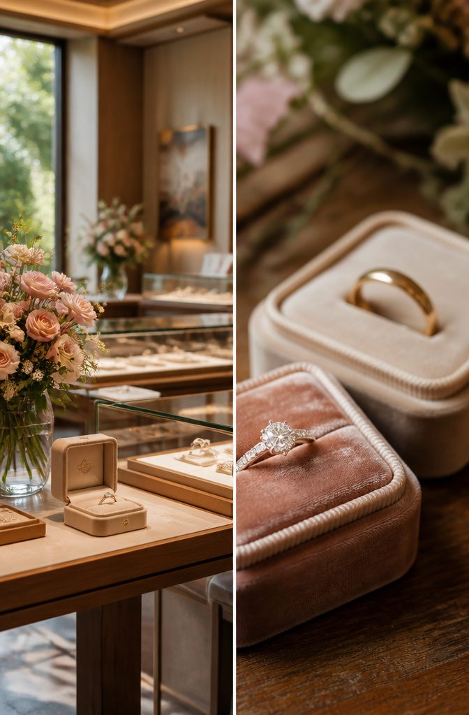 An engagement ring and a wedding band shown on a hand.