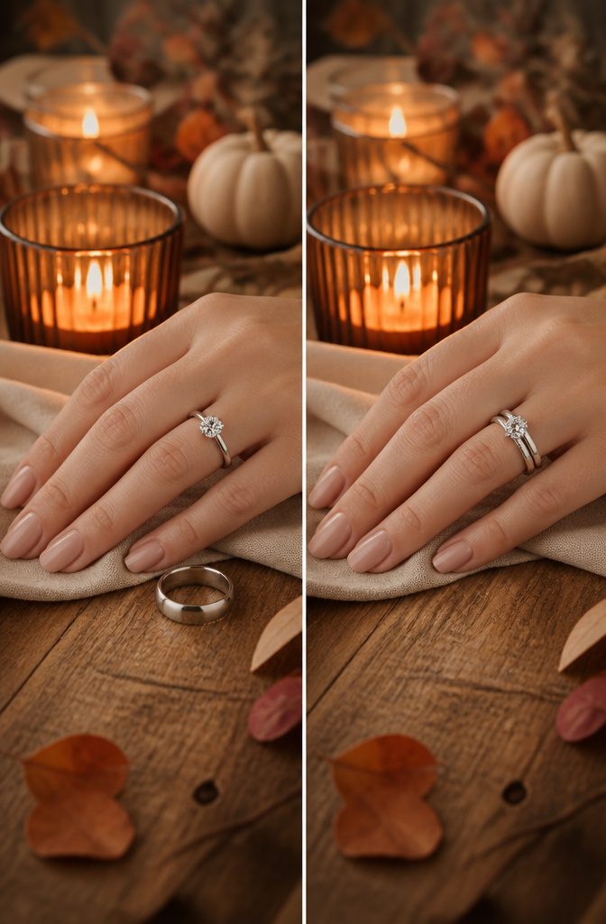 Two hands showing an engagement ring and wedding bands.