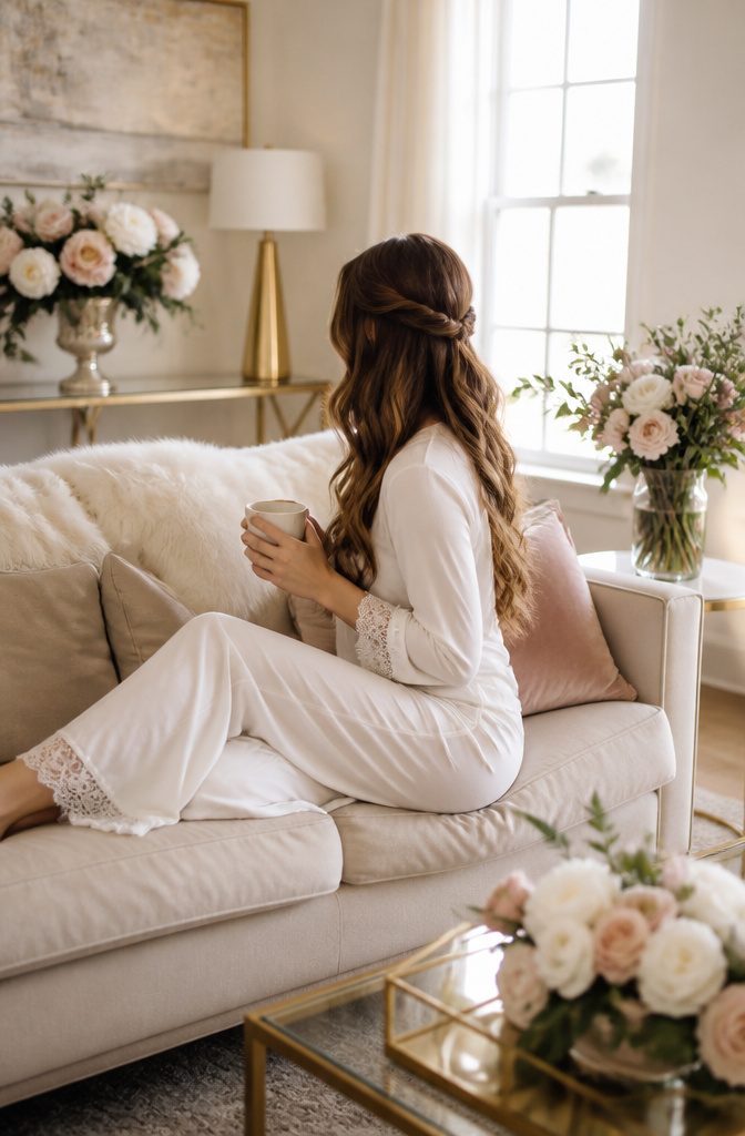 A bride in a cozy jersey knit pajama set on a plush couch.