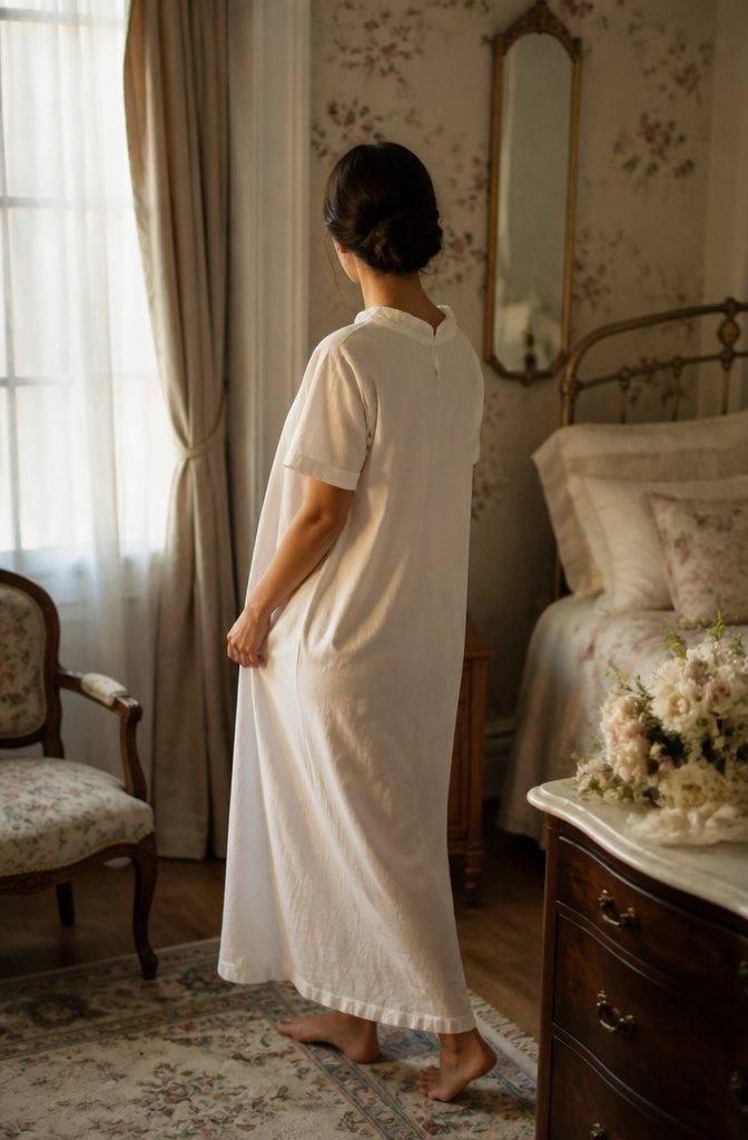 A bride in a white cotton nightdress in a vintage bedroom.