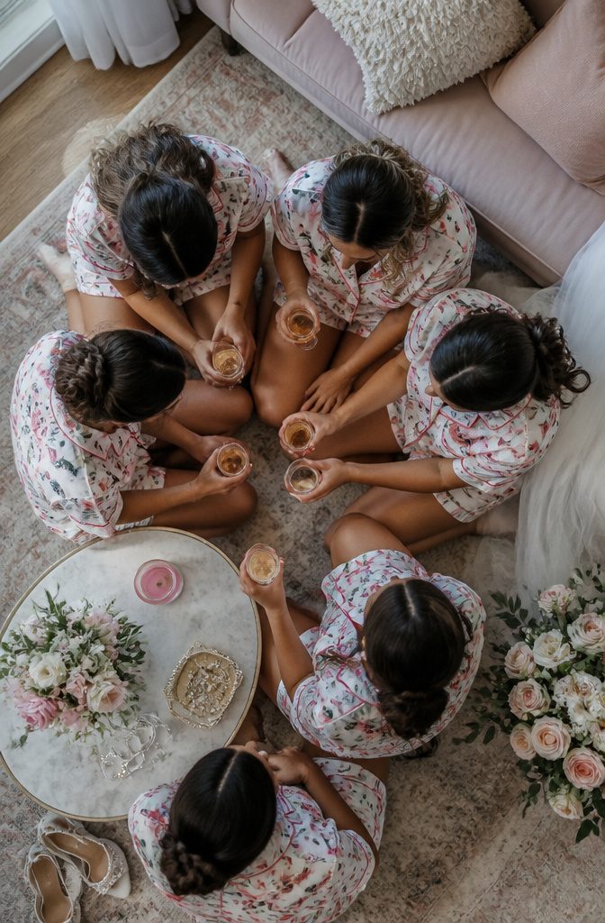 Bridesmaids in playful printed outfits for a bright morning.
