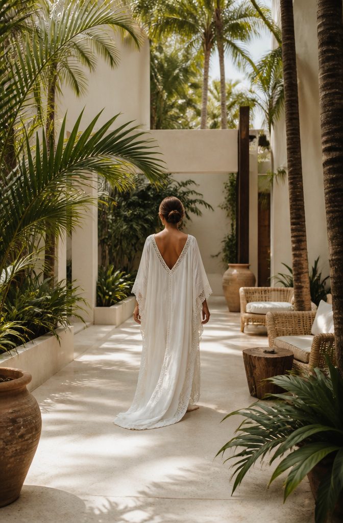 A flowy kaftan displayed among floral decorations.