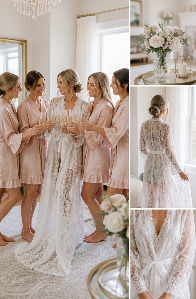 Bridesmaids in matching robes preparing together in a bridal suite.