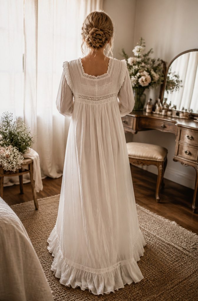 A flowy nap dress hanging on a hanger with soft floral decor.