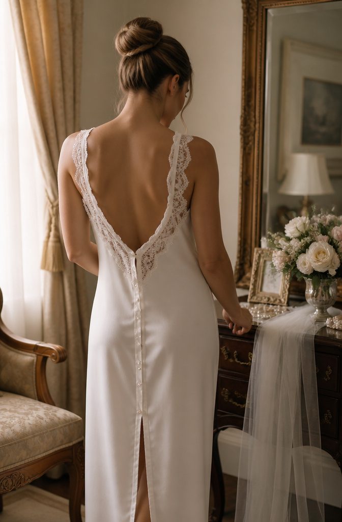 A bride in a button-down nightgown in a light-filled room.