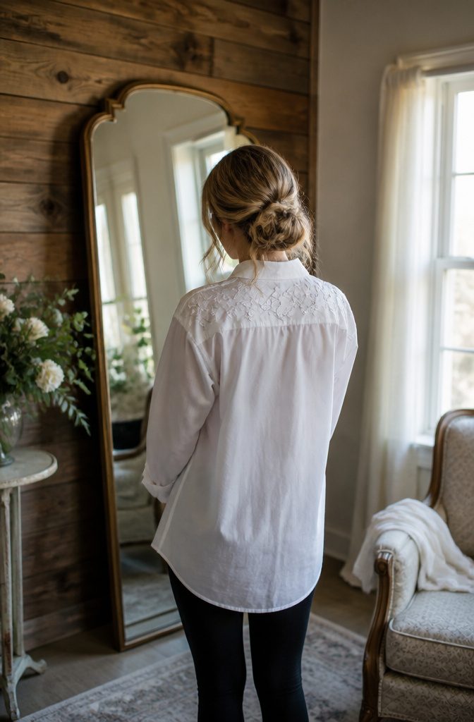 A bride in an oversized button-down shirt and leggings in a rustic suite.