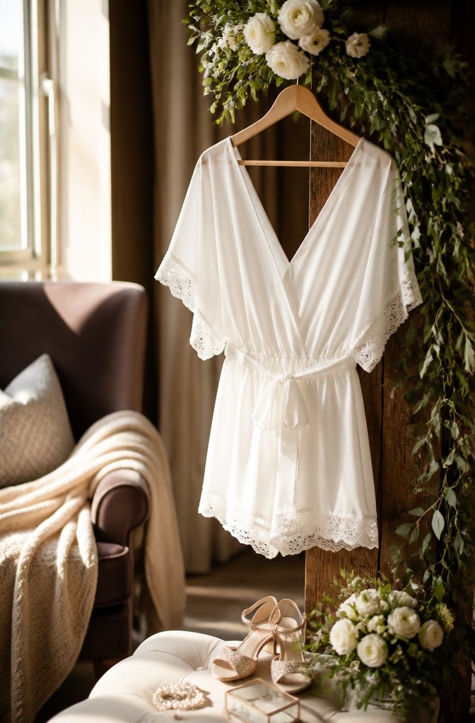 A white romper hanging elegantly with floral arrangements nearby.