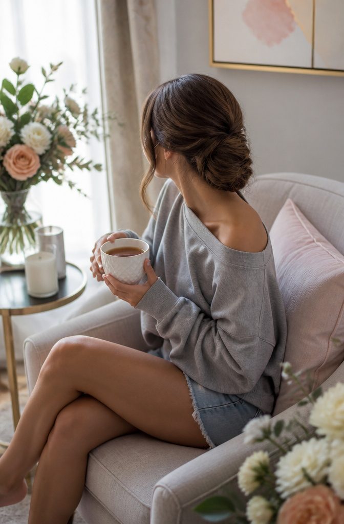 A bride in a soft gray sweatshirt in a modern bridal suite.