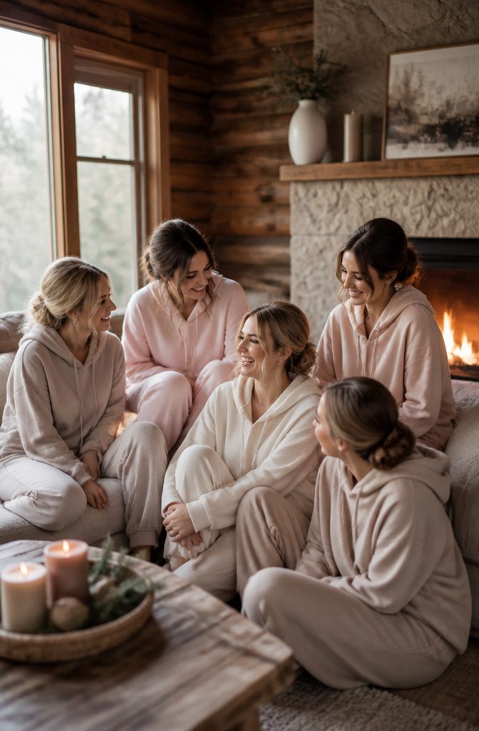 Bridesmaids in soft matching sweatsuits in a cozy cabin setting.