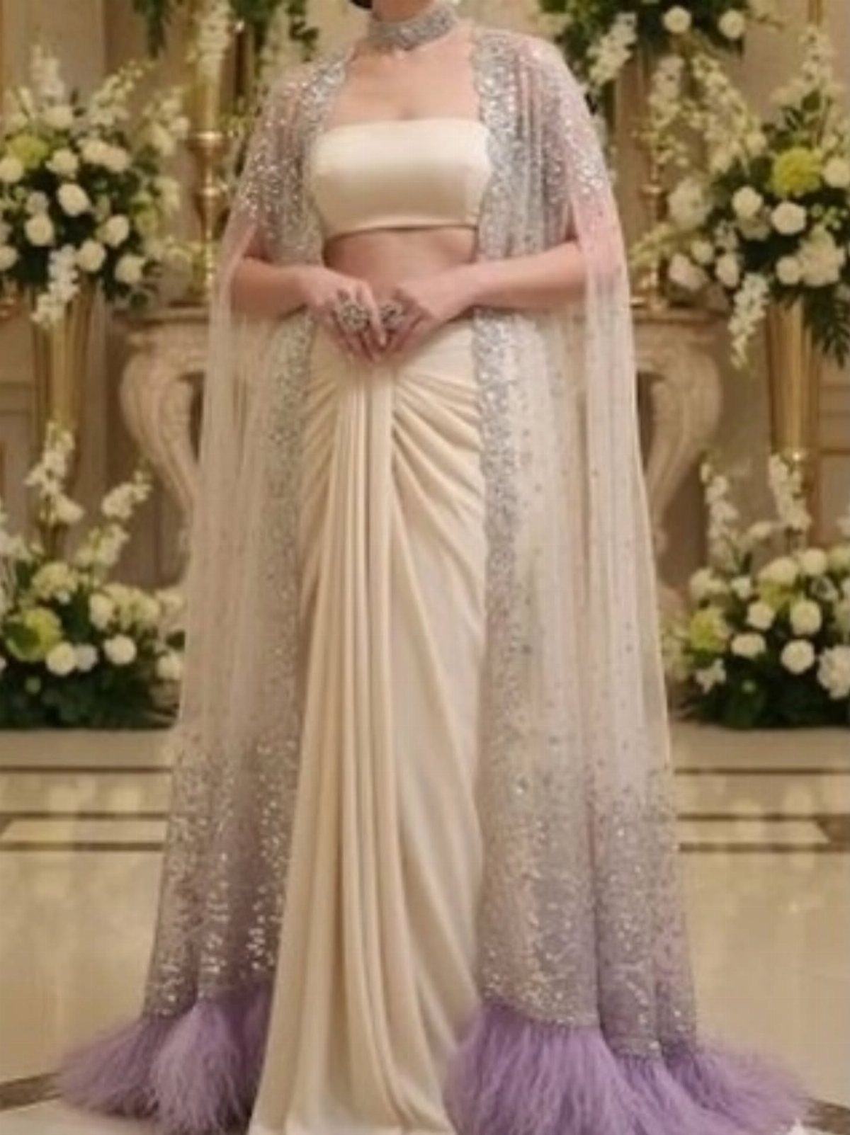 Woman wearing a cream saree with a silver embroidered cape and purple fur trim.