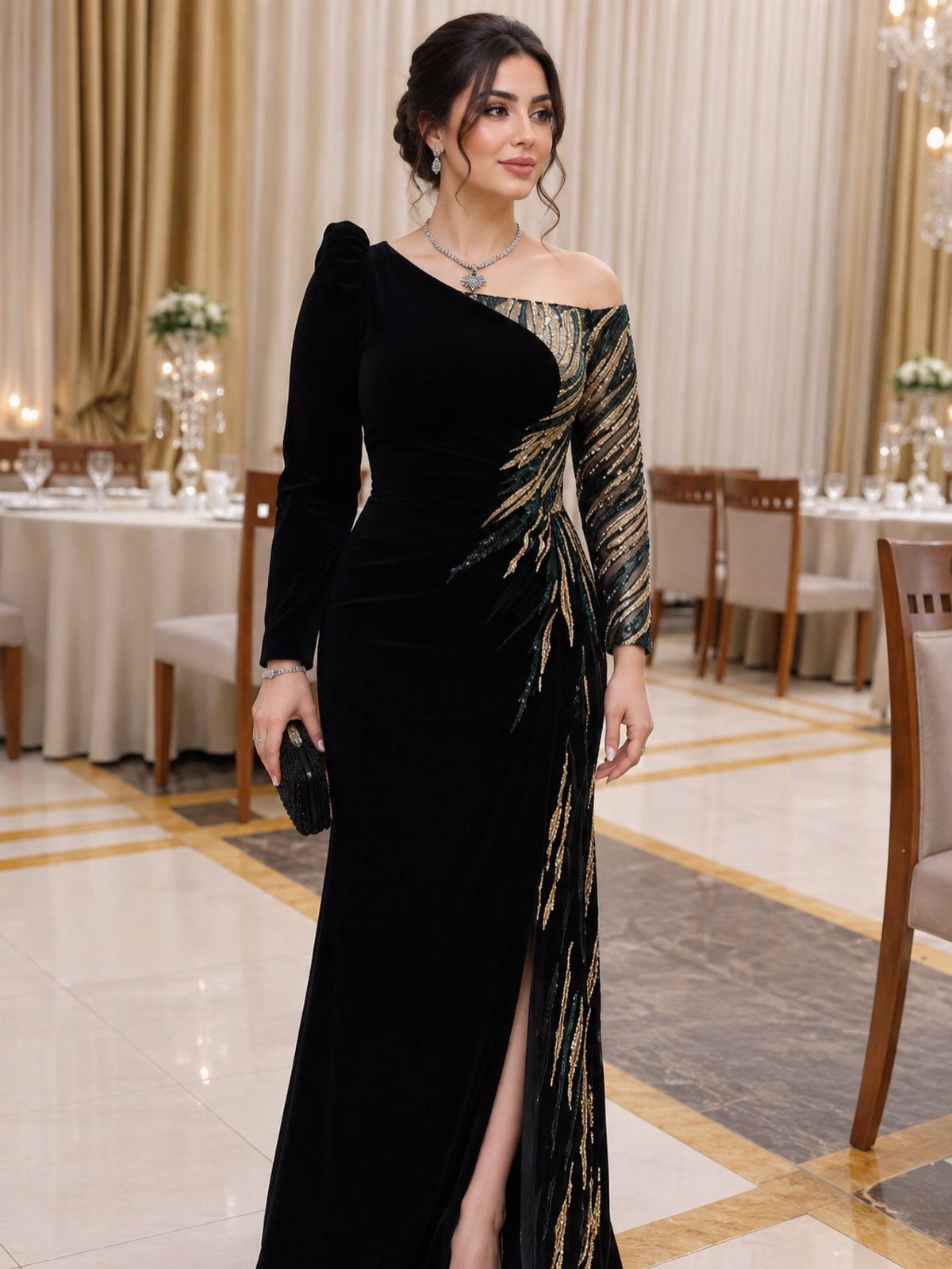Woman in a long-sleeved black velvet gown with gold embroidery in a formal room