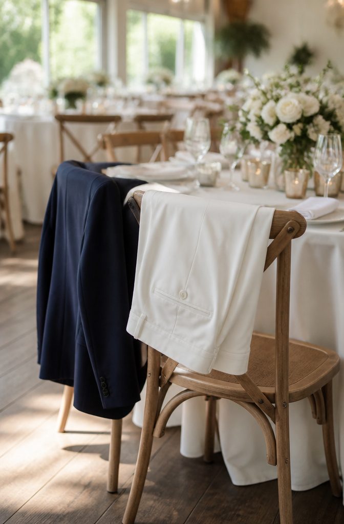 White dress pants hanging slightly off a chair at a wedding.