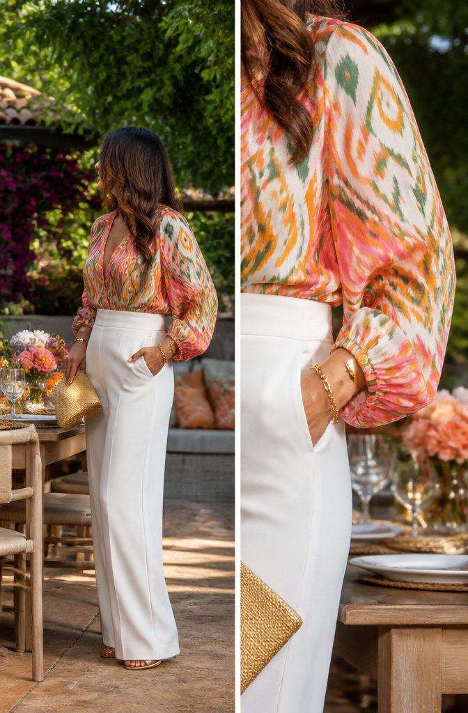 A bright patterned top paired with white pants for a wedding outfit.