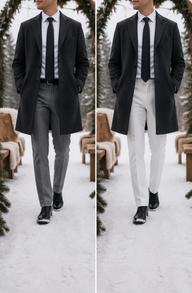 A white dinner jacket displayed in a warm-weather wedding setting.