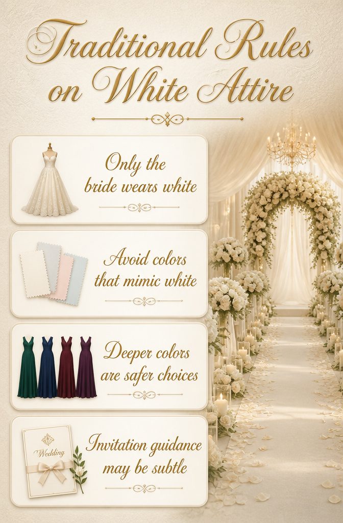 An information image detailing traditional rules on white wedding attire.