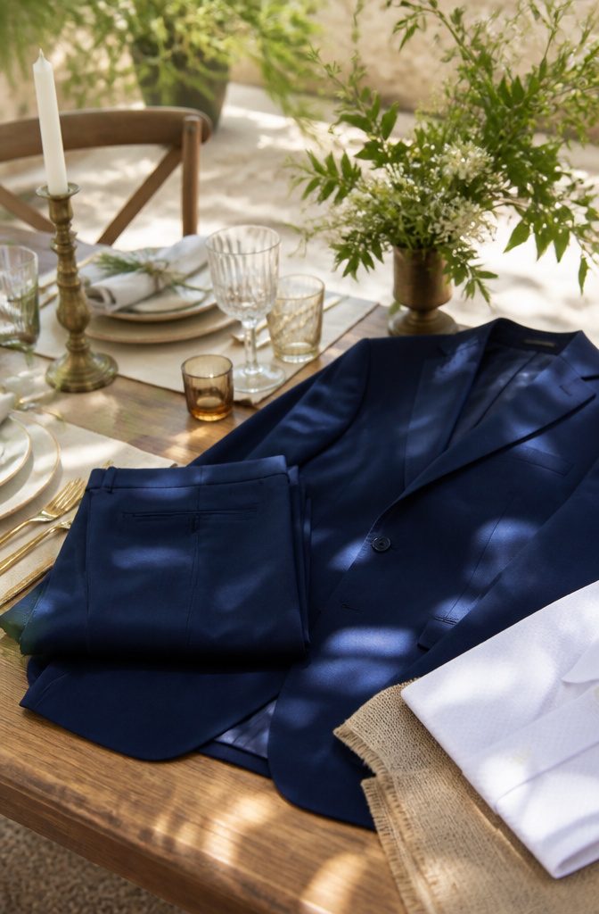 Navy dress pants folded next to a navy blazer in a rustic setting.
