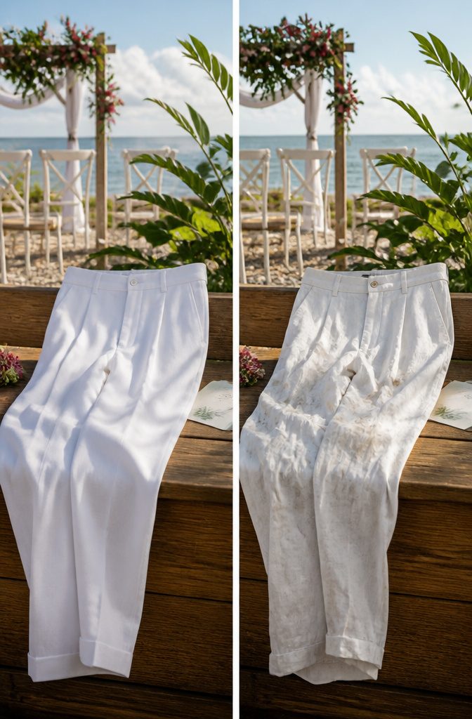 A pair of white linen pants suitable for a beach wedding setting.