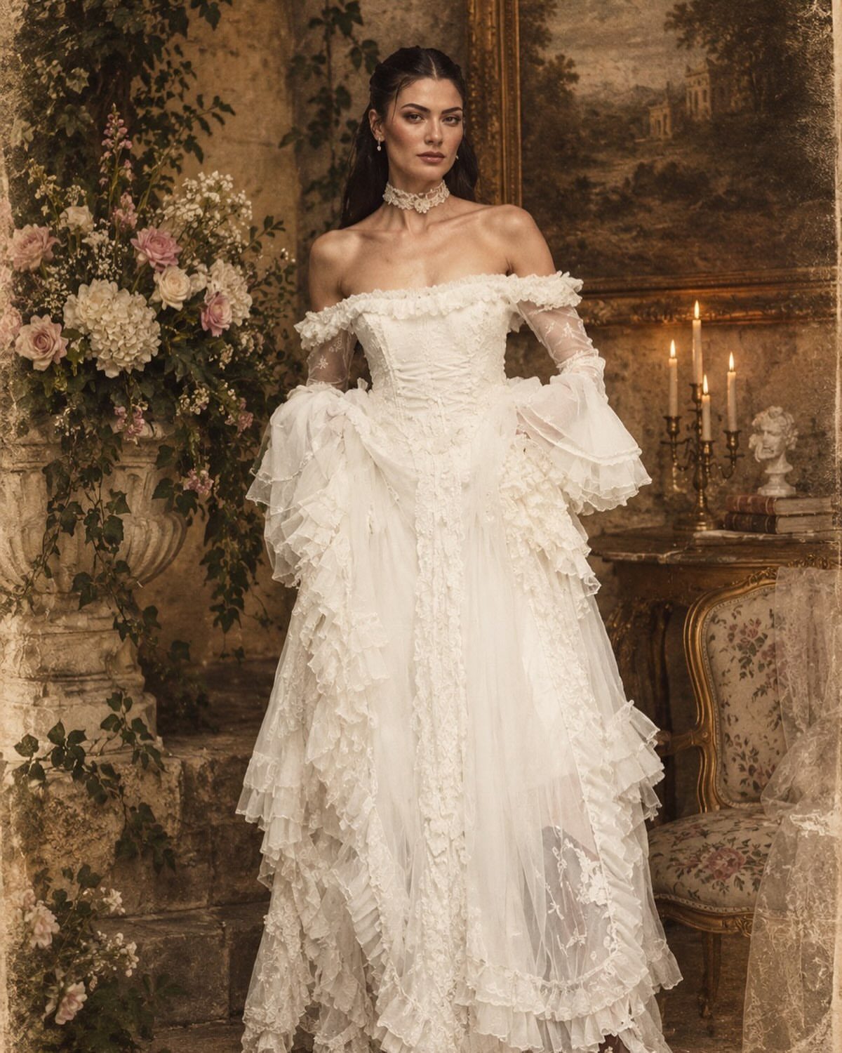 Claire Wedding Dress Styles: 11 Gowns to Inspire Your Look 5 Woman in a white ruffled off-the-shoulder wedding gown in a vintage room.