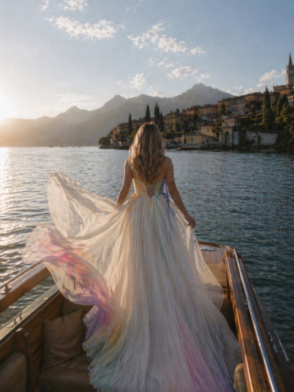 Claire Wedding Dress Styles: 11 Gowns to Inspire Your Look 6 Woman in a colorful rainbow wedding gown standing on a boat by a lake.