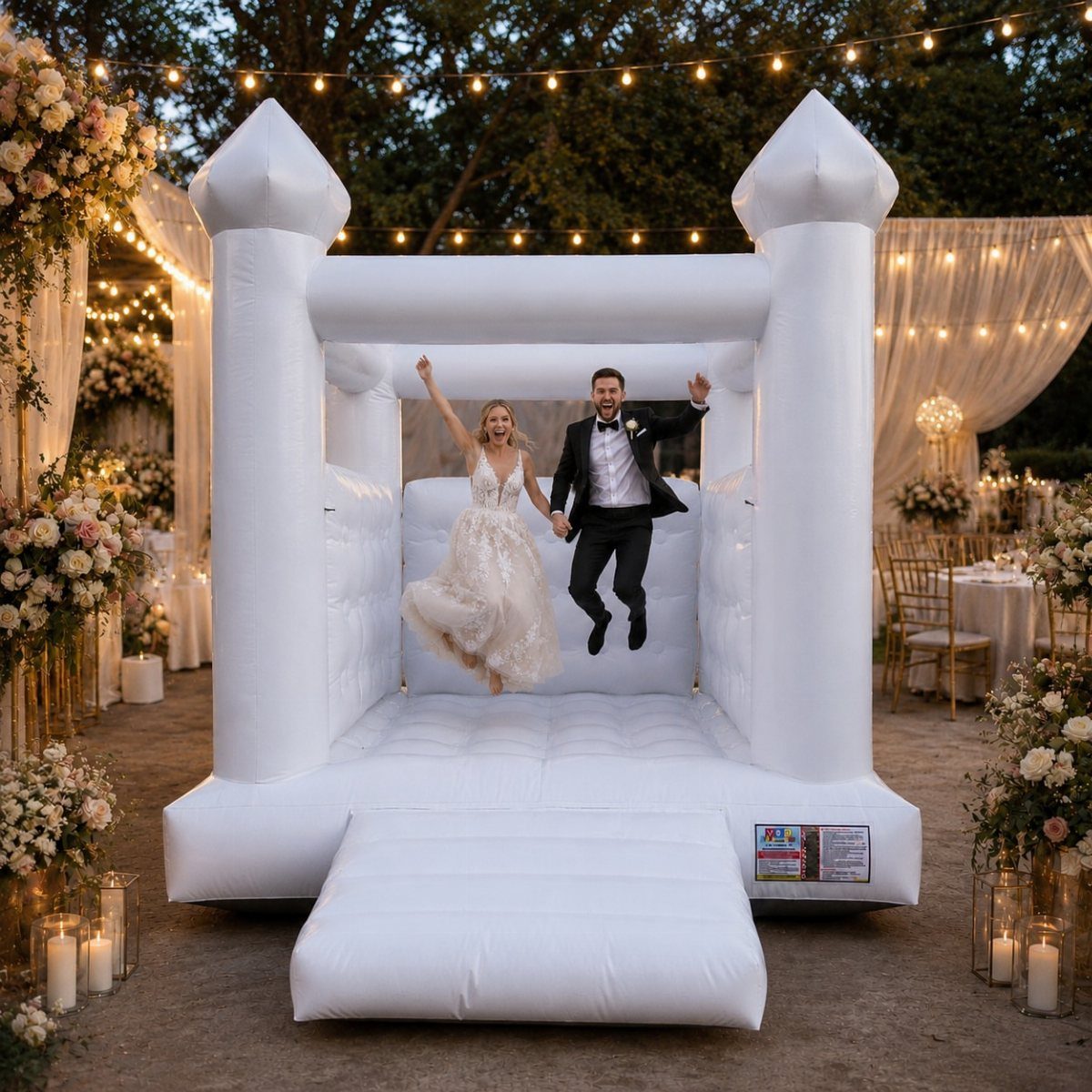 Bride and groom jumping inside a white bouncy castle at an outdoor wedding reception.
