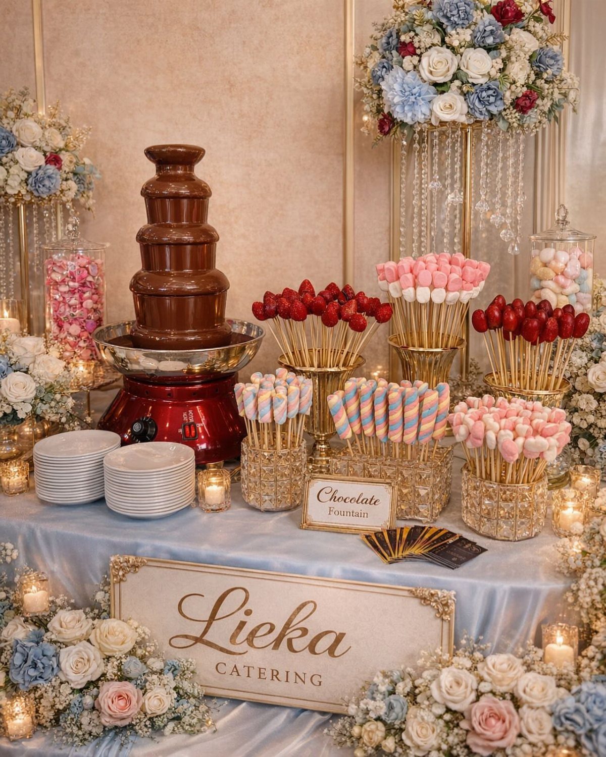 Tiered chocolate fountain with fruit and marshmallow skewers on a decorated catering table.