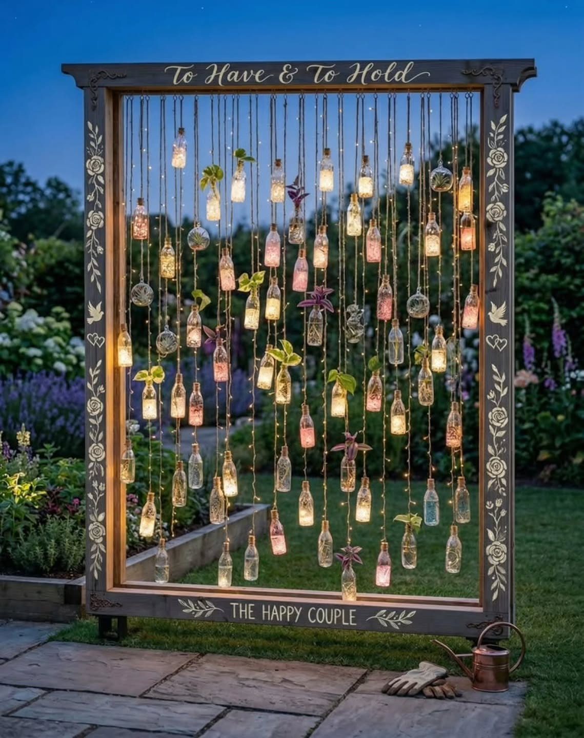 Wooden frame with hanging illuminated glass bottles and small plants in a garden.