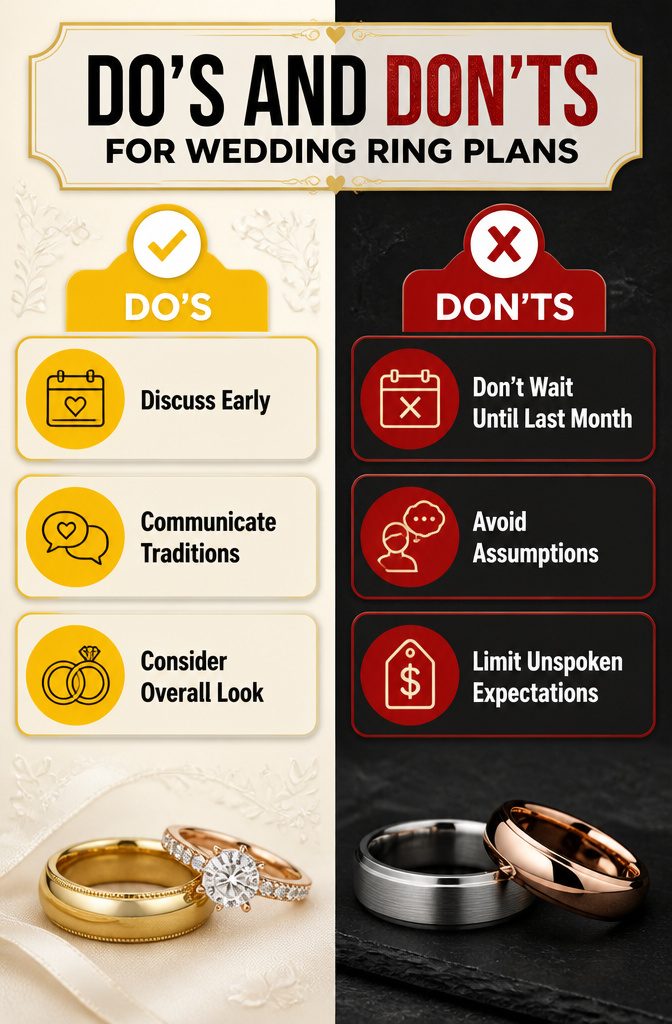 Do Men Buy Their Own Wedding Band? 6 Rules for Ring Costs in 2026 11 A graphic titled 'Do's and Don'ts for Wedding Ring Plans' with advice.