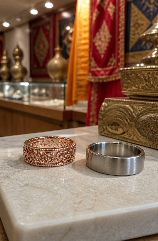Do Men Buy Their Own Wedding Band? 6 Rules for Ring Costs in 2026 5 A collection of wedding bands representing different cultures in a jewelry shop.
