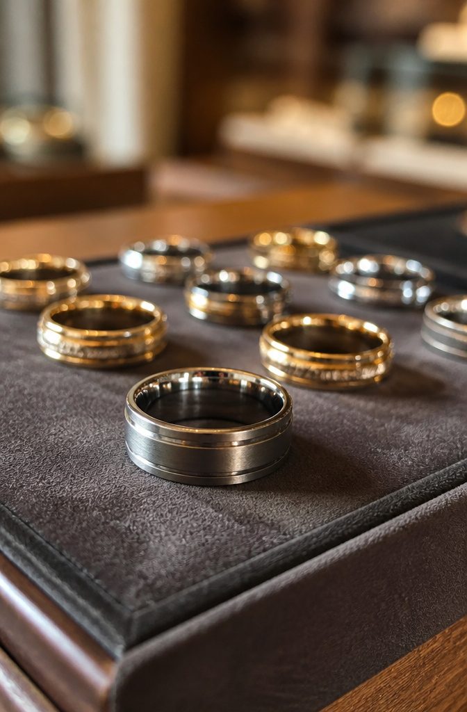 Do Men Buy Their Own Wedding Band? 6 Rules for Ring Costs in 2026 2 Wedding bands displayed on a soft velvet cloth in a jewelry store.