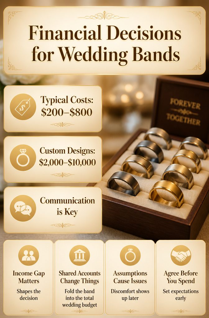 Do Men Buy Their Own Wedding Band? 6 Rules for Ring Costs in 2026 6 A graphic titled 'Financial Decisions for Wedding Bands' showing budgeting information.