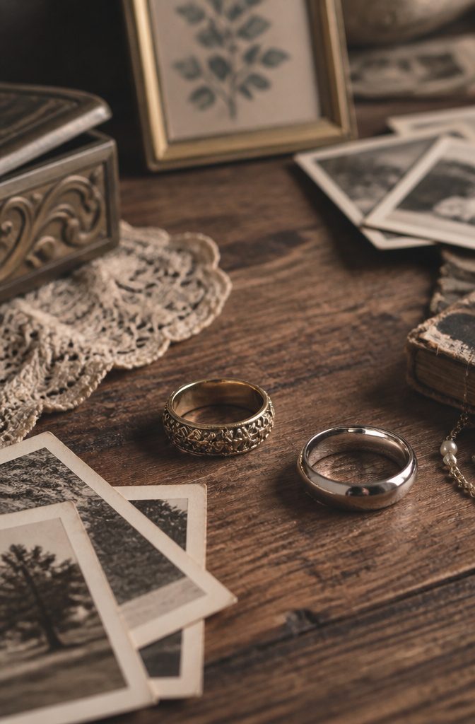 Do Men Buy Their Own Wedding Band? 6 Rules for Ring Costs in 2026 9 An heirloom wedding ring displayed with family photos on a rustic wooden table.