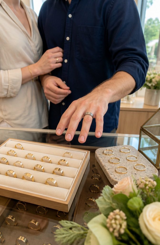 Do Men Buy Their Own Wedding Band? 6 Rules for Ring Costs in 2026 4 A couple shopping for wedding bands together in a jewelry store.