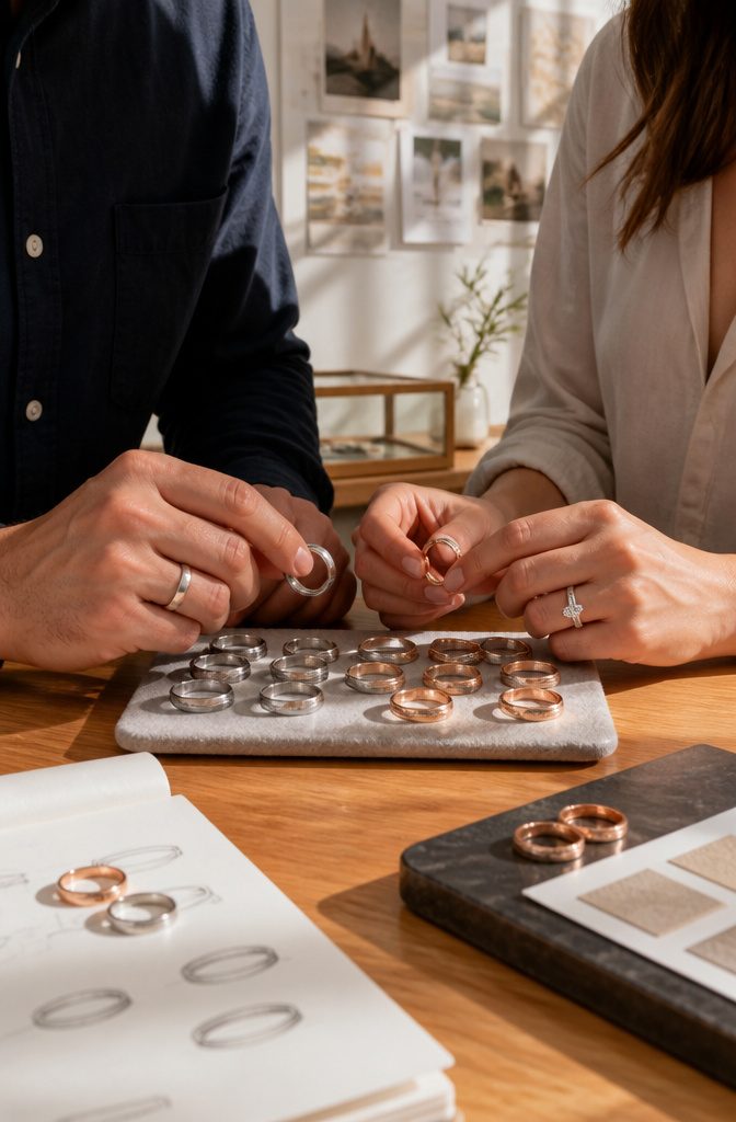 Do Men Buy Their Own Wedding Band? 6 Rules for Ring Costs in 2026 7 Couple examining wedding bands at a polished wooden counter in a jewelry studio.