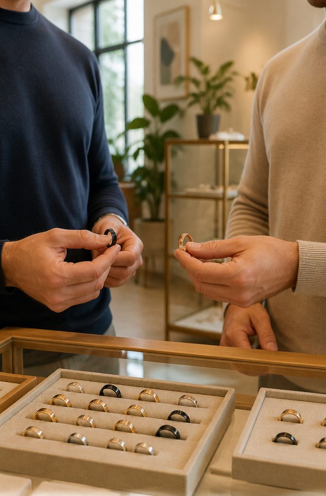 Do Men Buy Their Own Wedding Band? 6 Rules for Ring Costs in 2026 8 Two partners exploring wedding band choices in a chic jewelry boutique.