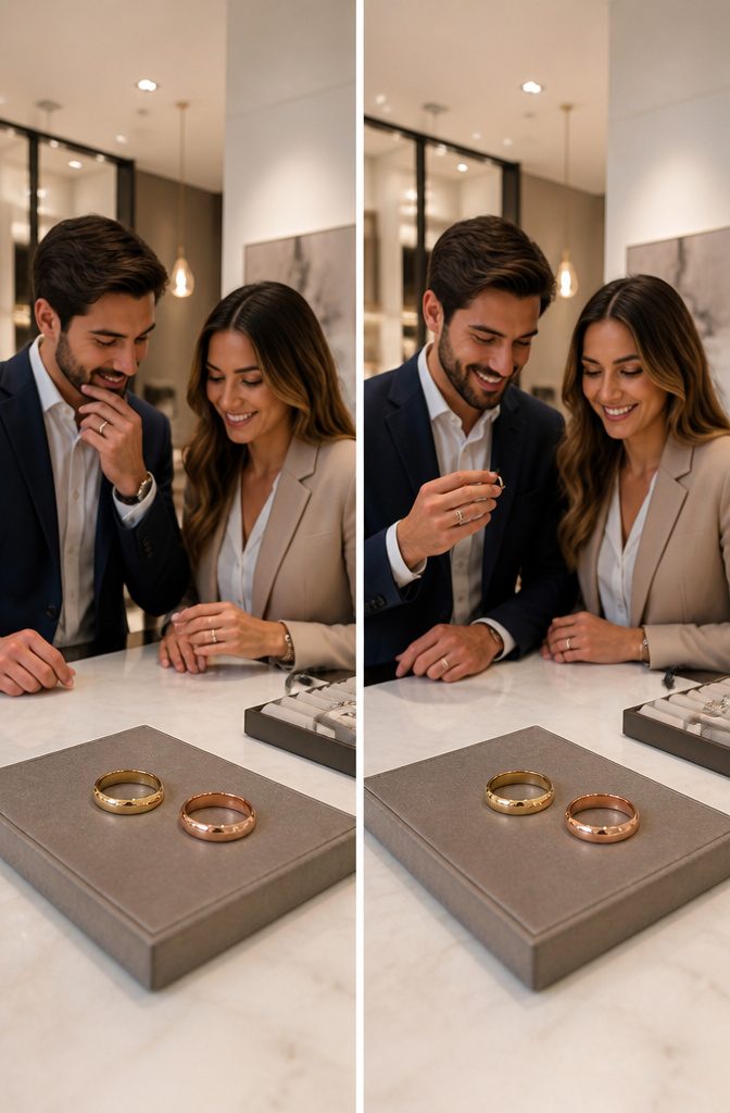 Do Men Buy Their Own Wedding Band? 6 Rules for Ring Costs in 2026 12 A couple discussing their options for wedding bands in a jewelry store.
