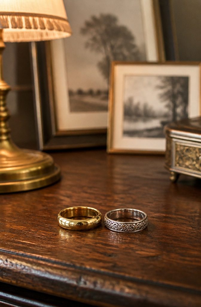 Do Men Buy Their Own Wedding Band? 6 Rules for Ring Costs in 2026 3 A pair of wedding bands on a wooden table, one in gold and one in white gold.