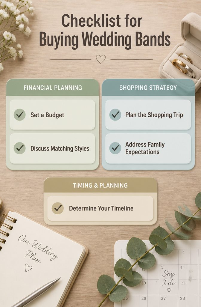 Do Men Buy Their Own Wedding Band? 6 Rules for Ring Costs in 2026 10 A graphic titled 'Checklist for Buying Wedding Bands' with practical advice.