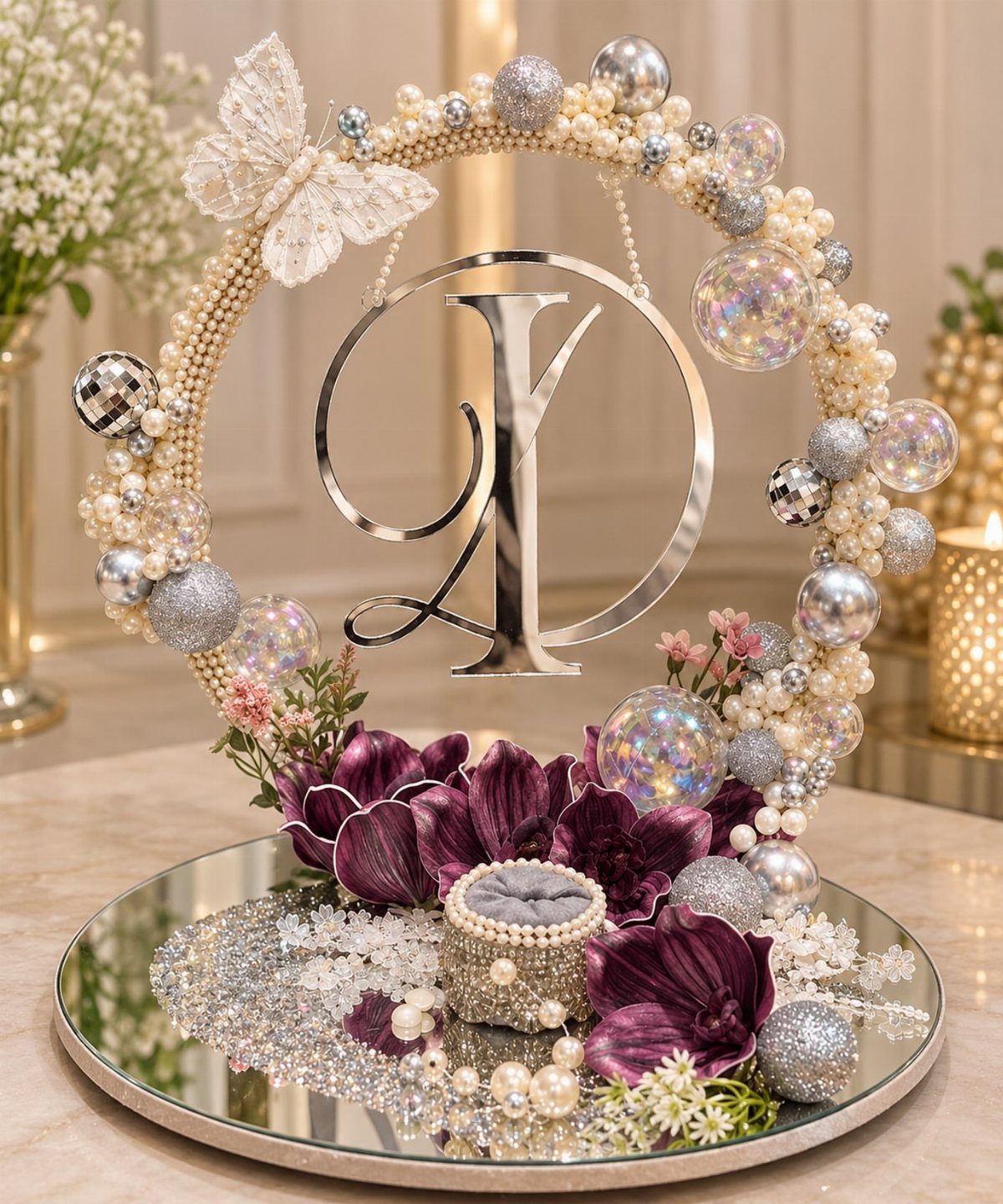 Mirrored engagement ring tray with a pearl hoop, silver monogram, and purple orchids.