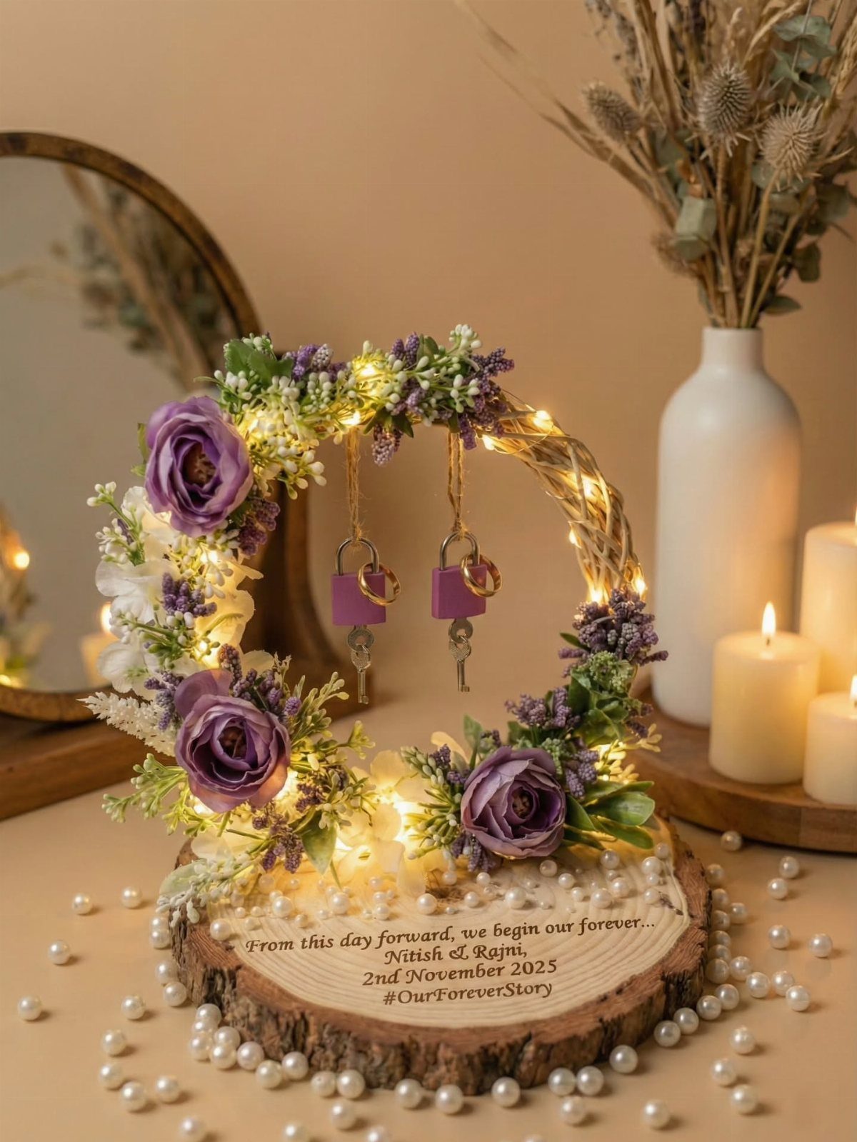 Floral jute hoop with fairy lights on a personalized wooden slice base with pearls