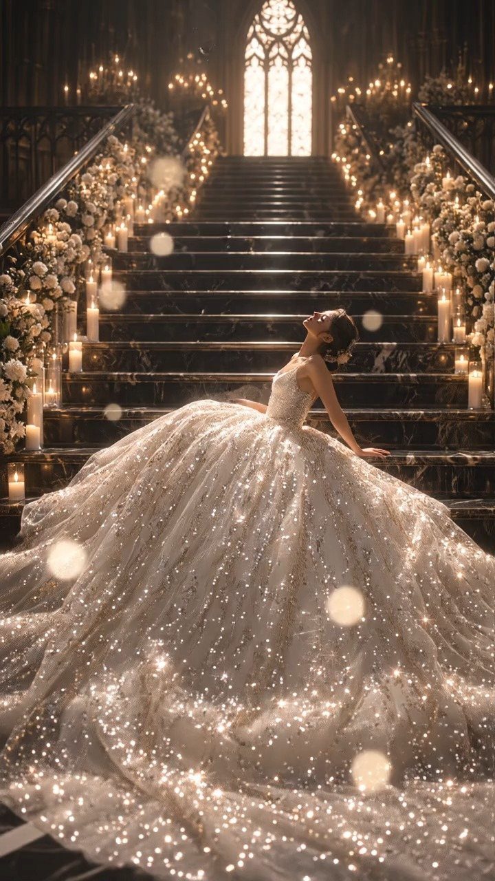 Woman in a sparkling champagne ball gown reclining on a candlelit grand staircase.